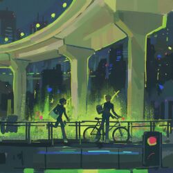 2boys bicycle black_hair black_jacket black_pants blonde_hair bridge city glasses haikyuu!! highres jacket male_focus multiple_boys pants running sberrymacchiato short_hair spiked_hair standing tsukishima_kei yamaguchi_tadashi