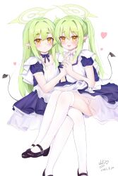 2025 2girls alternate_costume apron black_shoes blue_archive blue_dress blue_ribbon blush chinese_commentary closed_mouth commentary dated demon_girl demon_tail dress earrings eyelashes fang feet_out_of_frame full_body furrowed_brow green_hair green_halo hair_between_eyes hair_intakes hair_ornament hairclip halo hand_up heart highres hikari_(blue_archive) holding_hands interlocked_fingers invisible_chair jewelry light_frown long_hair looking_at_viewer mary_janes multiple_girls neck_ribbon no_headwear nozomi_(blue_archive) open_mouth petticoat pointy_ears puffy_short_sleeves puffy_sleeves ribbon shoes short_sleeves siblings sichuan_luo_li sidelocks signature simple_background sisters sitting sitting_on_lap sitting_on_person skin_fang smile tail tail_raised thick_eyebrows thighhighs twins twintails very_long_hair white_apron white_background white_ribbon white_thighhighs yellow_eyes zettai_ryouiki