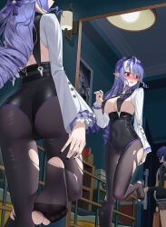 2girls absurdres ass belle_(zenless_zone_zero) black_bow black_bowtie black_nails black_pantyhose blush bow bowtie breasts cameltoe commentary_request covered_navel embarrassed feet foot_up hair_bow hand_up highres indoors large_breasts long_hair mirror mole mole_on_breast mole_under_eye multicolored_hair multiple_girls nail_polish no_shoes nose_blush pantyhose parted_lips partial_commentary patterned_legwear pointy_ears purple_bow purple_hair red_eyes reflection sidelocks soles solo_focus streaked_hair toes torn_clothes torn_pantyhose variant_set vivian_banshee wuren zenless_zone_zero