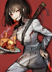 1girl black_hair blood blood_on_clothes bongy_(project_moon) buttons chef chicken_(food) chuhaibane cigarette food highres holding holding_plate jacket katana limbus_company long_sleeves looking_at_viewer pants parted_lips plate project_moon red_background red_eyes ryoshu_(project_moon) sheath sheathed short_hair simple_background smile solo sword weapon white_jacket white_pants