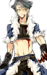 1boy black_gloves black_shirt blood blood_on_face blood_on_hands blue_cape blue_jacket cape cowboy_shot crop_top cropped_jacket fingerless_gloves fumiddition fur-trimmed_cape fur-trimmed_jacket fur_trim gloves green_pupils grey_hair grin jacket looking_at_viewer male_focus midriff open_clothes open_jacket ragnarok_online shirt short_hair short_sleeves simple_background smile solo stalker_(ragnarok_online) waist_cape white_background yellow_eyes