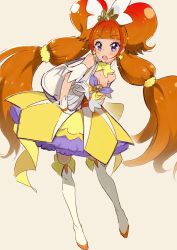 1girl amanogawa_kirara bare_shoulders boots breasts cleavage cure_twinkle earrings female_focus go!_princess_precure highres jewelry mebae orange_hair precure purple_eyes red_hair skirt small_breasts solo star_(symbol) star_earrings thigh_boots thighhighs white_boots white_thighhighs