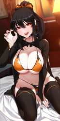 1girl absurdres akchu bed bikini black_hair breasts chobi_(akchu) cleavage fangs hair_ribbon highres kneeling large_breasts legs navel open_mouth orange_bikini ponytail ribbon smile swimsuit thighs