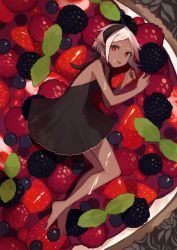 1girl bare_shoulders barefoot berry black_dress blackberry_(fruit) blueberry commentary currant dark-skinned_female dark_skin dress feet female_focus food from_above fruit halterneck highres horns in_food leaf looking_at_viewer mini_person minigirl original pastry pointy_ears raspberry red_eyes shiba_inu_(happy13227) short_hair solo strawberry tart_(food) toes white_hair