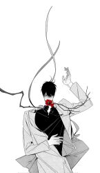 1boy benkdjjituibot black_hair black_shirt coat collared_shirt covered_mouth empty_eyes falling flower growing_out_of_body hair_between_eyes hand_on_own_stomach head_down highres kim_dokja male_focus omniscient_reader&#039;s_viewpoint outstretched_arm poppy_(flower) shirt short_hair solo spot_color white_background white_coat