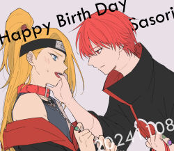 Rule 34 | 2boys, animal collar, black nails, blonde hair, blue eyes, blush, chain, collar, deidara (naruto), doll joints, english text, eyeliner, fishnet top, fishnets, forehead protector, green nails, grey background, hayamin35, high ponytail, highres, jewelry, joints, long hair, looking at another, makeup, male focus, multiple boys, naruto (series), naruto shippuuden, open clothes, open robe, ponytail, red collar, red eyes, red hair, ring, robe, sasori (naruto), short hair, simple background, sweatdrop, tongue, tongue out, yaoi