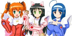 3girls :d ahoge animal_ears back_bow bag black_hair black_ribbon blue_dress blue_hair blunt_bangs blush bomb bow breasts cat_ears choker cleavage cleavage_cutout clenched_hand closed_mouth clothing_cutout collarbone commentary cross-laced_clothes cross-laced_dress dress explosive fake_animal_ears flat_chest gloves green_eyes grey_eyes hair_ornament hair_ribbon hairband hand_on_own_hip hands_on_own_chest hazuki_kurumi highres holding holding_bomb kaitou_tenshi_twin_angel kannazuki_aoi large_breasts long_hair long_sleeves looking_at_viewer macla magical_girl matching_outfits medium_hair messenger_bag minazuki_haruka_(twin_angel) multiple_girls open_mouth orange_eyes pink_bow pink_dress pink_gloves puffy_long_sleeves puffy_sleeves red_dress ribbon short_hair short_twintails shoulder_bag shoulder_pads simple_background small_breasts smile split_mouth tareme twin_angel twintails upper_body white_background white_choker white_gloves white_hairband yellow_bag