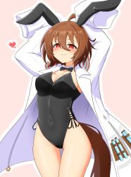 Rule 34 | 1girl, agnes tachyon (umamusume), ahoge, animal ear hairband, animal ears, azusa (azusa0325), black bow, black bowtie, black leotard, bow, bowtie, breasts, brown hair, coat, cowboy shot, detached collar, fake animal ears, hairband, highres, horse tail, lab coat, leotard, medium breasts, pink background, playboy bunny, rabbit ears, red eyes, short hair, side-tie leotard, simple background, sleeves past fingers, sleeves past wrists, smile, solo, strapless, strapless leotard, tail, test tube, umamusume, white coat