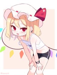 1girl bare_shoulders blonde_hair border commentary english_commentary fang flandre_scarlet gym_uniform hand_on_own_thigh highres loli looking_at_viewer open_mouth paid_reward_available red_eyes smartwatch solo sseopik sweat touhou watch white_border white_hair wristwatch