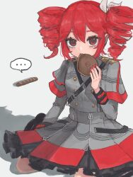1girl baguette belt black_belt black_sleeve_cuffs bow bread buttons commentary_request dorayaki double-breasted drill_hair eating fingernails food grey_background grey_skirt hair_between_eyes hair_bow hair_ribbon highres holding holding_food jacket kasane_teto kasane_teto_(sv) khzillust kneeling layered_skirt layered_sleeves long_sleeves looking_at_viewer musical_staff musical_staff_print red_eyes red_hair red_nails red_skirt ribbon shadow shoulder_belt shoulder_boards skirt solo striped_clothes striped_jacket striped_skirt synthesizer_v twin_drills utau wagashi white_bow white_ribbon