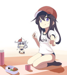 2girls akatsuki_(kancolle) alternate_costume black_hair black_socks blue_buruma buruma food full_body gym_shirt gym_uniform hellpart hibiki_(kancolle) kantai_collection long_hair multiple_girls name_tag onigiri purple_eyes red_headwear seiza shirt simple_background sitting socks t-shirt thermos ultra_beam white_background white_shirt