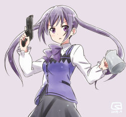 1girl blush female_focus gochuumon_wa_usagi_desu_ka? gun kueru looking_at_viewer open_mouth purple_eyes purple_hair solo tedeza_rize trigger_discipline twintails weapon