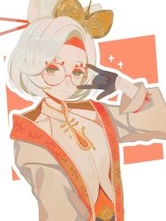 1girl a15179222 black_gloves breasts closed_mouth eyeshadow eyewear_on_head glasses gloves hair_bun hair_ornament hair_stick headband highres looking_at_viewer makeup nintendo purah red-framed_eyewear red_eyes red_eyeshadow red_headband round_eyewear sheikah short_hair smile solo the_legend_of_zelda the_legend_of_zelda:_tears_of_the_kingdom updo upper_body white_hair