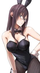 1girl :o alternate_costume animal_ear_hairband animal_ears armpits bare_shoulders batcheam816 black_bow black_bowtie black_leotard black_pantyhose blush bow bowtie breasts brown_hair cleavage commentary_request detached_collar fake_animal_ears fake_tail fishnet_pantyhose fishnets glasses grey-framed_eyewear hairband highres idolmaster idolmaster_cinderella_girls leotard long_hair looking_at_viewer medium_breasts pantyhose playboy_bunny rabbit_ear_hairband rabbit_ears rabbit_tail simple_background solo sweat tail white_background wrist_cuffs yagami_makino