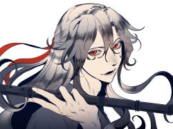1boy beaugi black_hair black_hanfu chinese_clothes dizi floating_hair flute hair_between_eyes hair_down hair_ribbon half_updo hanfu highres holding holding_flute holding_instrument instrument limited_palette long_hair looking_at_viewer male_focus modao_zushi official_alternate_hairstyle open_mouth red_eyes red_ribbon ribbon simple_background smile solo spot_color transverse_flute upper_body weapon wei_wuxian wei_wuxian_(yiling_laozu) white_background