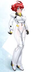 Rule 34 | 1girl, adapted costume, ahoge, aqua eyes, arms at sides, bodysuit, breasts, commentary request, full body, gundam, gundam suisei no majo, hairband, highres, mecha pilot suit, medium breasts, normal suit (gundam), red hair, sakura ryuuken, solo, standing, suletta mercury, white bodysuit