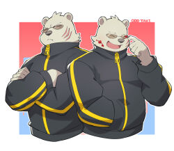 1boy angry animal_ears bear bear_boy bear_ears black_jacket blood blood_on_face closed_eyes closed_mouth commentary copyright_name crossed_arms facial_scar facing_to_the_side highres jacket kinoshita_jiroh looking_at_viewer multiple_views odd_taxi open_mouth polar_bear scar scar_on_cheek scar_on_face scratching_cheek sekiguchi_(odd_taxi) smile tinted_eyewear track_jacket white_fur yellow-tinted_eyewear