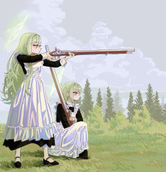 2girls absurdres aiming alternate_costume antique_firearm apron black_dress black_shoes blue_archive blush closed_mouth dress firearm firelock flintlock freeman_(tkuh4475) from_side green_hair gun highres hikari_(blue_archive) holding holding_gun holding_weapon long_sleeves multiple_girls nozomi_(blue_archive) pointy_ears rifle shoes sidelocks socks squatting twintails weapon white_apron white_socks yellow_eyes