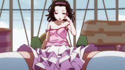 Rule 34 | 1girl, animated, animated gif, bakemonogatari, bare shoulders, blush, breasts, brown eyes, brown hair, camisole, collarbone, dot nose, embarrassed, female focus, flat chest, hairband, indoors, kneehighs, legs, looking at viewer, miniskirt, monogatari (series), nisemonogatari, open mouth, pink camisole, pink hairband, pink skirt, pleated skirt, pov, sengoku nadeko, short hair, sitting, sitting on person, skirt, sleeveless, small breasts, socks, solo, solo focus, teeth, thighhighs, thighs, upper teeth only, white thighhighs, zettai ryouiki
