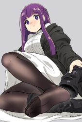 1girl akaza boots feet fern_(sousou_no_frieren) highres light_blush long_hair looking_at_viewer pantyhose purple_eyes purple_hair shoes soles sousou_no_frieren toes unworn_boots unworn_shoes