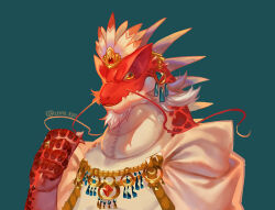 1boy blue_background dragon_boy earrings facial_hair furry furry_male goatee itzamna_(housamo) jewelry looking_at_viewer male_focus nostrils parted_lips ring simple_background solo sora-ya_(uya_kyo) tokyo_houkago_summoners upper_body yellow_eyes
