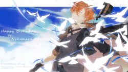 1boy bird black_gloves black_hat black_jacket blue_eyes bungou_stray_dogs closed_mouth fedora gloves happy_birthday hat highres jacket looking_up male_focus nakahara_chuuya_(bungou_stray_dogs) orange_hair outstretched_arms shirt smile solo upper_body white_bird white_shirt yqioff