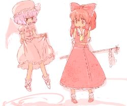 2girls ascot bat_wings bow detached_sleeves dress floating floral_print frilled_bow frilled_hair_tubes frills gohei hair_tubes hakurei_reimu hat hat_ribbon holding holding_gohei looking_at_another mob_cap multiple_girls nontraditional_miko pink_dress pink_hat red_bow red_skirt remilia_scarlet ribbon ribbon-trimmed_sleeves ribbon_trim skirt skirt_set tcmk touhou wings wrist_cuffs yellow_ascot