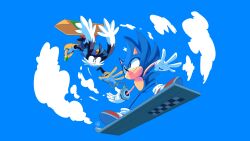 Rule 34 | absurdres, aryelsereio, bandai namco, black fur, blue fur, cat, falling, gloves, green eyes, hat, highres, jewelry, kaze no klonoa, klonoa, klonoa 2: lunatea&#039;s: veil, long hair, nervous, pac-man, ring, sega, shirt, shorts, sky, smile, socks, sonic (series), sonic the hedgehog, spiked hair, yellow eyes