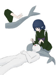 1boy 1girl :d absurdres blue_eyes blue_hair commentary_request fins green_kimono head_fins highres holding holding_razor japanese_clothes kimono lap_pillow long_sleeves looking_at_another mermaid monster_girl mori_dobonua_(mordvna) obi open_mouth purple_sash razor sash short_hair simple_background smile touhou wakasagihime white_background |_|