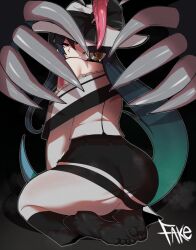 1girl ass black_hair black_socks claws commentary dark_miku_(project_voltage) dress english_commentary fake_(lord_socar) from_behind full_body gen_8_pokemon gradient_hair green_hair hat hatsune_miku highres kneeling living_clothes long_hair long_tongue looking_at_viewer looking_back multicolored_hair nintendo no_shoes obstagoon off-shoulder_dress off_shoulder one_eye_covered paid_reward_available pokemon project_voltage red_eyes socks solo toes tongue twintails uneven_twintails vocaloid witch_hat