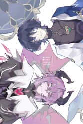 Rule 34 | 2boys, akuicia, black bodysuit, black capelet, black collar, black hair, black horns, blue cape, blue hat, blue kimono, blue sleeves, blunt ends, bodysuit, cape, capelet, chest jewel, collar, covered collarbone, crystal, dragon horns, eyelashes, eyeliner, eyeshadow, gem, genshin impact, gold, hat, highres, horns, instagram username, japanese clothes, jingasa, juban, kimono, layered sleeves, looking at viewer, makeup, mandarin collar, mini durin (genshin impact), mini durin (human) (genshin impact), multiple boys, open clothes, open kimono, open mouth, pink eyes, pink gemstone, pink hair, purple eyes, purple vest, red eyeliner, red eyeshadow, scaramouche (genshin impact), short sleeves, shoulder peek, sideways, smile, spiked horns, tsurime, twitter username, unworn hat, unworn headwear, vest, wanderer (genshin impact), watermark, white background, white collar, white kimono, white mouth, white sleeves, wispy bangs