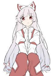 1girl bow closed_mouth collared_shirt commentary deetamu fujiwara_no_mokou grey_hair hair_bow highres long_hair long_sleeves looking_at_viewer multiple_hair_bows ofuda ofuda_on_clothes pants red_eyes red_pants shirt sitting solo suspenders touhou very_long_hair white_shirt