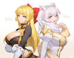 2girls ahoge alternate_color animal_ears blonde_hair blue_eyes blunt_bangs bow braid breasts brown_skirt cat_ears character_name chinese_commentary cleavage closed_mouth commentary_request cross dress earrings fang french_braid genetic_(ragnarok_online) gloves hair_between_eyes hair_bow high_priest_(ragnarok_online) highres jewelry juliet_sleeves large_breasts long_hair long_sleeves looking_at_viewer multiple_girls open_mouth pink_eyes puffy_sleeves ragnarok_online red_bow rio sash shrug_(clothing) simple_background skirt smile two-tone_dress upper_body white_background white_dress white_gloves white_hair yellow_dress yellow_sash