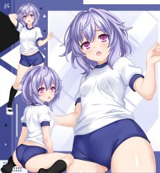 1girl absurdres ass blue_background blue_hair blue_shorts breasts dhiparizky gym_uniform highres light_blush looking_at_viewer medium_hair neptune_(series) purple_eyes pururut school_uniform shirt shorts small_breasts solo thighs white_background white_shirt