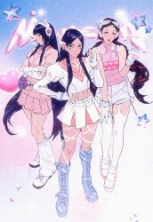 3girls absurdres animal_ear_headphones animal_ears animification black_hair blue_footwear boots brown_hair cat_ear_headphones cbb_(tuucoo) clenched_hand collarbone collared_shirt crossed_arms danielle_(newjeans) detached_sleeves fake_animal_ears fingerless_gloves full_body get_up_(newjeans) gloves haerin_(newjeans) hand_on_own_hip hand_on_own_thigh head_tilt headphones heart highres k-pop leg_warmers long_hair looking_at_viewer looking_down low_twintails midriff minji_(newjeans) multiple_girls navel newjeans pink_shirt pink_skirt real_life shirt shoes short_shorts shorts skirt sleeveless sleeveless_shirt smile sneakers sparkle star_(symbol) twintails very_long_hair white_footwear white_gloves white_leg_warmers white_shorts white_skirt y2k_fashion