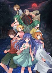 3boys 5girls bare_shoulders black_shirt black_thighhighs blonde_hair blue_eyes blue_hair bow bowtie breasts brown_hair clenched_hand closed_mouth collared_shirt commentary_request curtained_hair dress forest furude_rika green_dress green_hair green_shorts grey_hair grey_pants hair_ribbon half_updo hat highres higurashi_no_naku_koro_ni holding holding_jacket holding_unworn_clothes houjou_satoko irie_kyousuke jacket long_hair maebara_keiichi multiple_boys multiple_girls nature necktie night official_art ooishi_kuraudo orange_hair orange_tank_top outdoors pants pink_shirt ponytail purple_bow purple_bowtie purple_eyes red_necktie ribbon river rock ryuuguu_rena shirt short_hair short_sleeves shorts siblings sisters sleeveless sleeveless_shirt sonozaki_mion sonozaki_shion standing suspenders t-shirt tank_top thighhighs tie_clip twins unworn_jacket very_short_hair watch white_dress white_hat white_jacket white_shirt wristwatch yellow_necktie yellow_ribbon yellow_shirt yoshiki1020