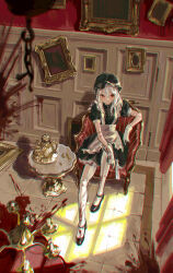 1girl absurdres apron black_dress blood blood_on_clothes blood_splatter bullet chain chandelier commentary_request curtains doll_joints dress frilled_apron frills from_above gloves gun hair_between_eyes hat highres holding holding_gun holding_weapon indoors joints maid marutani mob_cap on_chair original picture_frame puffy_short_sleeves puffy_sleeves red_eyes short_sleeves sitting table teapot tray waist_apron weapon white_apron white_gloves white_hair window_shadow