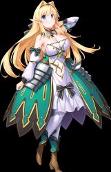 1girl adjusting_hair arm_at_side arm_up armor armored_dress black_bow black_ribbon blonde_hair blue_eyes boots bow breasts cleavage detached_sleeves dress elf full_body game_cg girls_frantic_clan green_dress hair_bow hair_intakes hair_ribbon high_heel_boots high_heels highres large_breasts long_hair long_pointy_ears looking_at_viewer nijou_towa non-web_source official_art pointy_ears ribbon smile solo standing straight-on striped_bow tachi-e transparent_background yaegashi_nan