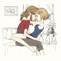 1boy 1girl bare_shoulders black_shorts blonde_hair blue_shirt braid closed_eyes commentary couple crown_braid ear_piercing english_commentary flower_pot from_side grey_pants hair_ornament hairclip hetero hug indoors link nintendo pants picture_frame piercing pointy_ears princess_zelda red_shirt shanzer shirt short_hair short_shorts shorts sitting sitting_on_lap sitting_on_person sleeveless sleeveless_shirt the_legend_of_zelda the_legend_of_zelda:_tears_of_the_kingdom window