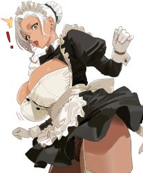 ! 1girl apron black_dress breasts cleavage commentary dress earrings frilled_apron frills garter_straps gloves hair_bun highres hintobento huge_breasts jewelry juliet_sleeves long_sleeves maid maid_apron maid_headdress original parted_lips puffy_sleeves simple_background solo stud_earrings tan thighhighs waist_apron white_apron white_background white_gloves white_hair wrist_cuffs yellow_eyes