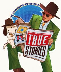 1boy brown_hat cowboy_hat david_byrne dog formal_clothes green_pants green_suit hat highres holding holding_newspaper newspaper pants parted_lips peanuts_(comic) remain_in_light_(album) schumisnoopy smile snoopy speaking_in_tongues_(album) suit sunglasses talking_heads teeth true_stories_(movie) yellow-framed_eyewear
