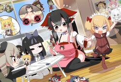 4girls :3 apron benikurage_(cookie) black_eyes black_hair black_jacket black_ribbon black_skirt blonde_hair blush bow breasts cleavage closed_mouth collared_shirt commentary_request cookie_(touhou) dress drill_hair eraser fairy_wings full_body gen_6_pokemon glasses gradient_hair grey_eyes grey_hair hair_bow hakurei_reimu highres hime_cut holding holding_hands holding_pencil hotaruda_(cookie) indoors jacket kanna_(cookie) kirisame_marisa large_breasts lets0020 long_hair low_twintails luna_child meguru_(cookie) miniskirt miramikaru_riran mochiya_(cookie) multicolored_hair multiple_girls nadeko_(cookie) neck_ribbon nintendo nyon_(cookie) open_clothes open_jacket open_mouth panties pantyhose pencil pink_apron pokemon purple_bow purple_jacket red_bow red_dress red_pantyhose red_sweater_vest reiuji_utsuho ribbon riran_youkyu sakenomi_(cookie) shiriri_(cookie) shiriri_saikyo shirt short_hair shunga_youkyu skirt sleeveless sleeveless_dress smile star_sapphire sunny_milk sweater_vest sylveon table togashi_(cookie) touhou twin_drills twintails two_side_up underwear uzuki_(cookie) very_long_hair white_panties white_shirt wings yamasaka_aimi yuyusu_(cookie)