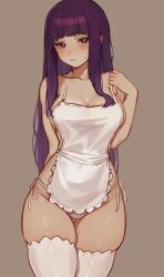 Rule 34 | 1girl, apron, arm behind back, bikini, bikini bottom only, blunt bangs, blush, breasts, bright pupils, cleavage, closed mouth, collarbone, embarrassed, eyebrows hidden by hair, eyes visible through hair, fern (sousou no frieren), grey background, hand on own shoulder, lace, lace-trimmed bikini, lace trim, large breasts, long bangs, long hair, looking at viewer, meowrim, purple eyes, purple hair, sideboob, solo, solo focus, sousou no frieren, standing, swimsuit, thighhighs, thighs, very long hair, white apron, white bikini, white pupils, white thighhighs