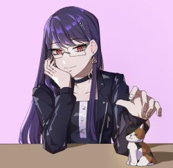 1girl black_jacket cat collar collarbone eyelashes female_focus fingernails highres jacket leather leather_jacket long_hair long_sleeves pink_background purple_hair red_eyes shizuhara_hiruko simple_background solo solo_focus the_hundred_line_-last_defense_academy- upper_body