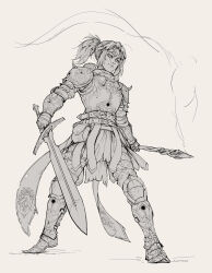1girl alpyro armor artist_name belt belt_buckle belt_pouch buckle casting_spell commentary cuirass cuisses dragon_print elden_ring english_commentary full_body gauntlets greaves high_ponytail highres holding holding_sword holding_wand holding_weapon legs_apart lineart magic monochrome pauldrons poleyn ponytail pouch rerebrace revision sabaton scar scar_on_face short_hair shoulder_armor shoulder_spikes solo spiked_armor spiked_pauldrons spikes standing sword tarnished_(elden_ring) wand weapon