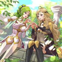 Rule 34 | 2girls, ahoge, armor, blonde hair, blue gemstone, bodysuit, breasts, cape, capelet, choker, circlet, cleavage, cloud, cloudy sky, cobblestone, commission, commissioner upload, fire emblem, fire emblem: the sacred stones, fire emblem fates, fire emblem heroes, flower, garden, gem, gift, green eyes, green hair, grey eyes, hair tie, highres, jewelry, l&#039;arachel (fire emblem), long hair, marriage proposal, medium breasts, minorudonguri, multiple girls, nintendo, ophelia (fire emblem), pillar, plant, red gemstone, ring, shoulder armor, sitting, skeb commission, skirt, sky, smile, stone pillar, surprised, thighhighs, tree, twintails, wedding ring, yuri