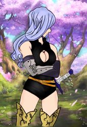 1girl alternate_universe angry armor bare_shoulders cleavage_cutout breasts crossed_arms female_focus forest gloves hair_over_eyes highres jericho_(nanatsu_no_taizai) large_breasts long_hair looking_away nanatsu_no_taizai nature official_alternate_costume aged_up purple_hair solo sword thighhighs turning_head weapon