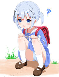 1girl ? aged_down backpack bag blue_dress blue_eyes blue_hair clueless crime_prevention_buzzer dress gochuumon_wa_usagi_desu_ka? highres kafuu_chino loli looking_at_viewer mary_janes panties pantyshot randoseru red_bag sakamatashachi shoes solo underwear