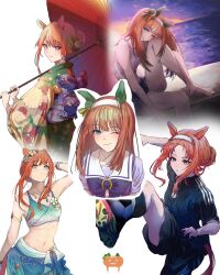 1girl animal_ears aqua_eyes bare_shoulders blue_eyes blunt_bangs blush breasts closed_mouth ear_covers hair_ornament hairband highres holding horse_ears horse_girl horse_tail jacket japanese_clothes light_blush long_hair long_sleeves looking_at_viewer midriff navel nyampasu3939 ocean one_eye_closed orange_hair school_uniform shirt shorts silence_suzuka_(emerald_on_the_waves)_(umamusume) silence_suzuka_(umamusume) small_breasts smile soccer solo tail tracen_school_uniform umamusume umbrella
