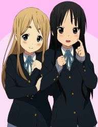 2girls akiyama_mio black_eyes black_hair blonde_hair eyebrows highres k-on! kicchi_(tmgk) kotobuki_tsumugi multiple_girls school_uniform